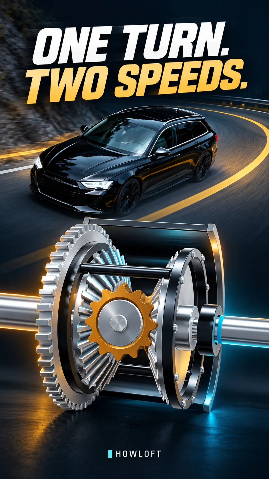 Car taking a bend above a cutaway illustration of differential gears
