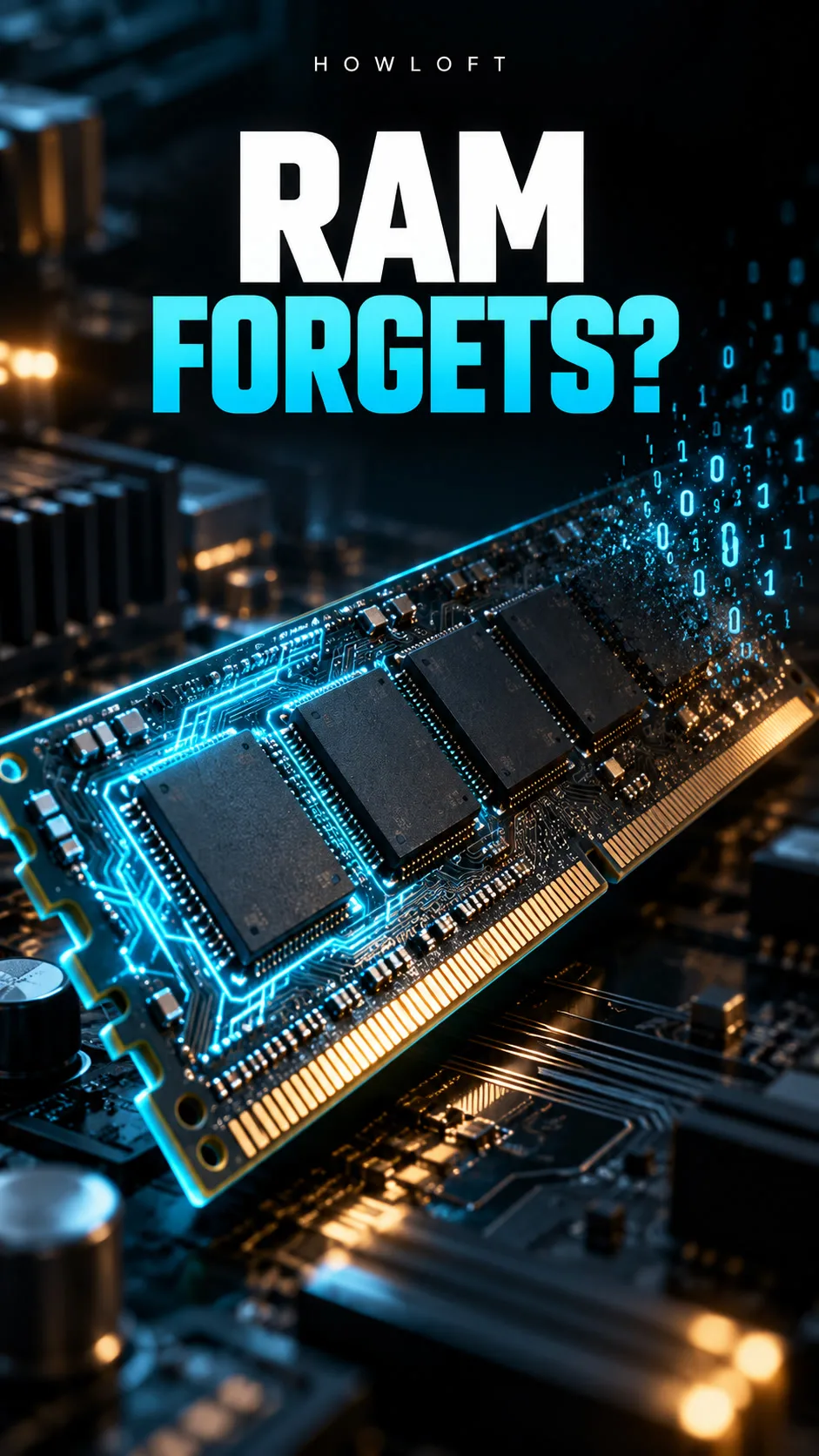 Illustrated RAM module with fading binary digits and the words RAM forgets